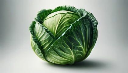 Whole green cabbage with crisp leaves on a white background, highlighted by bright light. - obrazy, fototapety, plakaty