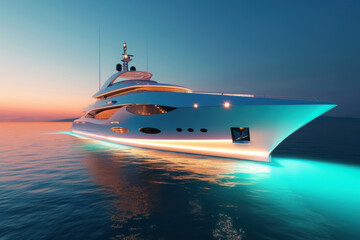 Luxurious Yacht Cruising at Dusk with Vibrant Underwater Lights