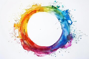 Abstract colorful rainbow watercolor circular frame on white background, splatter paint illustration