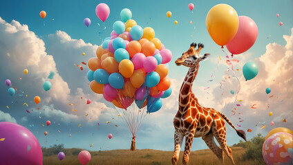 Cute cartoon giraffe with balloons surprise