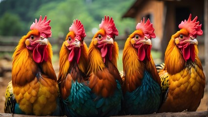 vibrant roosters posing as a bunch on a farm - obrazy, fototapety, plakaty