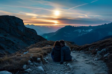 couple sitting on a mountain path, enjoying a moonrise together