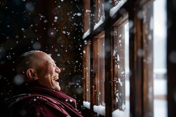 monk through monastery window, laughing at snowfall - obrazy, fototapety, plakaty