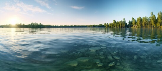 Obraz premium Large panorama of green lake, blue caste at dawn, sunlight shadows on the water