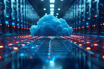 Vibrant blue cloud hovering over a data center server aisle symbolizing cloud computing and data storage - obrazy, fototapety, plakaty