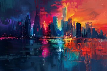 Abstract Painting of Vibrant City Skyline with Dynamic Shapes, Digital Painting