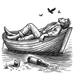 Fotobehang Drunk man reclining peacefully in a rowboat, with a bottle sketch engraving generative ai fictional character raster illustration. Scratch board imitation. Black and white image. © Oleksandr Pokusai