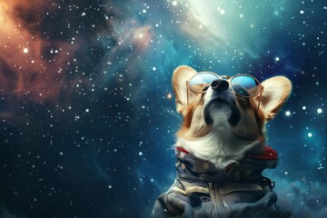 Adorable corgi puppy astronaut floating in space with oversized glasses, humorous dog illustration - obrazy, fototapety, plakaty