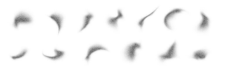 Obraz premium Fluid grain gradient shapes PNG. Abstract liquid stipple forms isolated. Black splatter shadows on white. Vector halftone design element.
