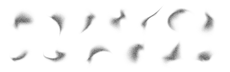 Fotobehang Fluid grain gradient shapes PNG. Abstract liquid stipple forms isolated. Black splatter shadows on white. Vector halftone design element. © Hanna_zasimova