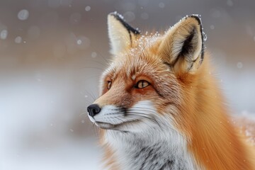 Obraz premium A focused red fox perched attentively amidst a falling snow setting, with vivid colors and details