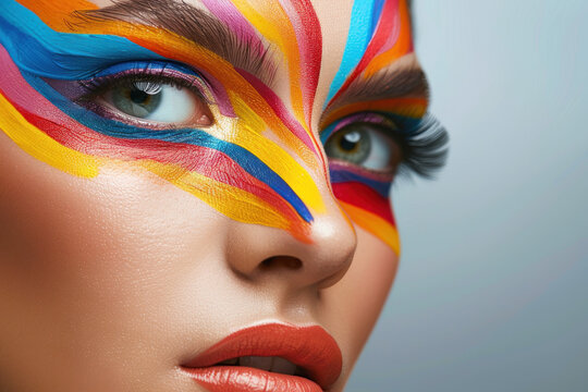 Vibrant Fantasy: Model with Rainbow-Colored Artistic Face Makeup