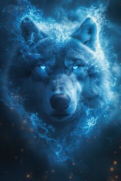 Blue glowing wolf in a mystical forest setting. Digital art animal portrait with fantasy concept for poster and book cover design. Close-up with illuminated details