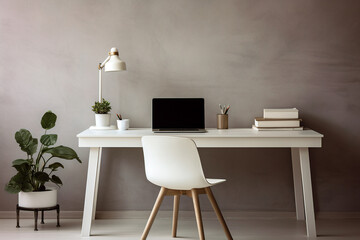 Modern home workspace with ergonomic furniture and minimalist design, ideal for remote work. Comfortable and stylish setup for increased productivity