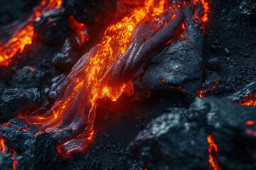  Molten Fury: Close-Up of Lava Flowing Through Volcanic Rocks