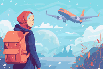 Flat Design Hijab Girl On Travel