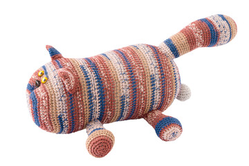 Crotchety toy cat isolated on white background. Knitting doll. Funny animal Hook knit
