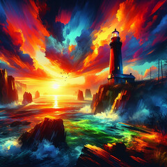 Colored lighthouse illustration - obrazy, fototapety, plakaty