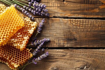 Close-up of honey in honeycombs with lavender on rustic wooden table, natural organic food ingredients, top view photo