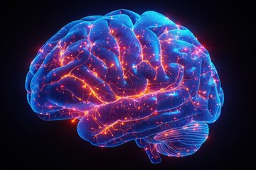 This image features a glowing, neon representation of a human brain network, highlighting neural connections and synapses - Powered by Adobe