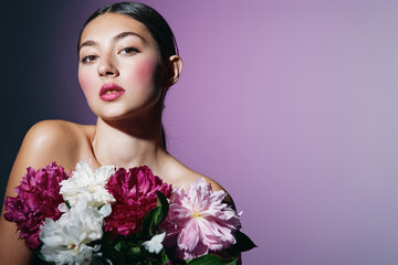 woman model portrait face blush make-up pink beauty girl flower eye