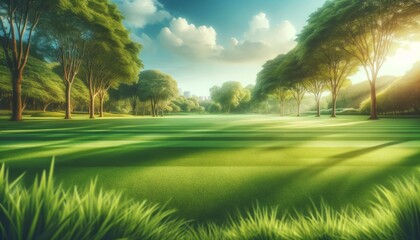 Blurred trees surround a vibrant green lawn under a clear sky, evoking peace and spring's freshness. - obrazy, fototapety, plakaty