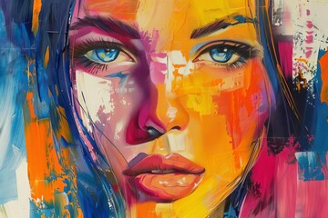 Colorful abstract portrait of woman, expressive oil painting on canvas, modern art illustration