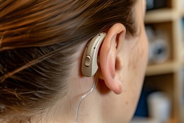 person wearing a bte behindtheear hearing aid at work - obrazy, fototapety, plakaty