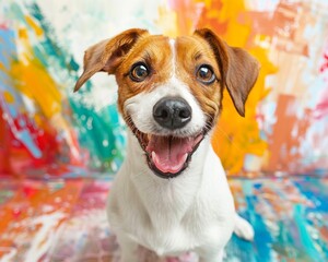 Cute and playful dog knolling, bright watercolor palette, vibrant and cheerful, delightfully organized