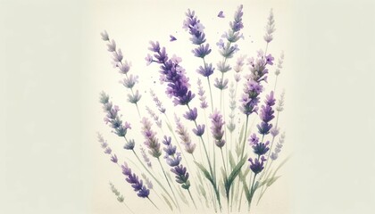 Naklejka premium Delicate watercolor lavender flowers with a soft wash of color, giving a serene feel.