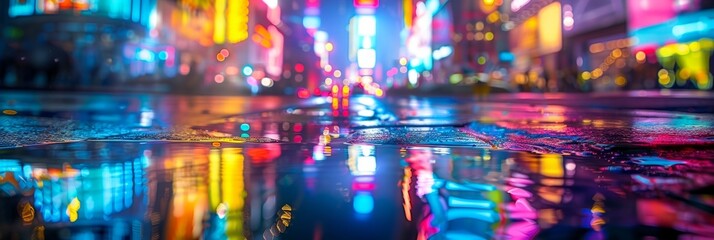 Dazzling Nighttime Cityscape with Neon Lights and Rain Reflections,Vibrant Urban Landscape at Dusk - obrazy, fototapety, plakaty