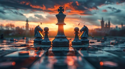 Chess game with coins vs scissors, stormy dusk, top down, strategic fantasy - obrazy, fototapety, plakaty