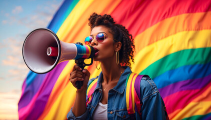 An black LGPTQ+ activist with a megaphone