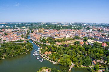 Fototapeta na wymiar Metz, France. Esplanade Garden. Moselle River. Panorama of the city on a summer day. Sunny weather. Aerial view
