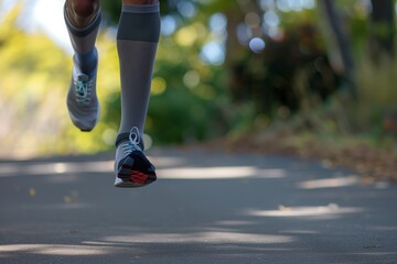 detail of feet in midair during run, compression socks snug on legs