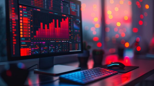 Earnings graphs embedded in code editor, twilight, side view, merging skill with profit