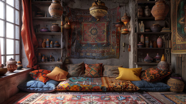 Cozy and vibrant bohemian interior with a comfortable low seating area adorned with colorful cushions and throws.