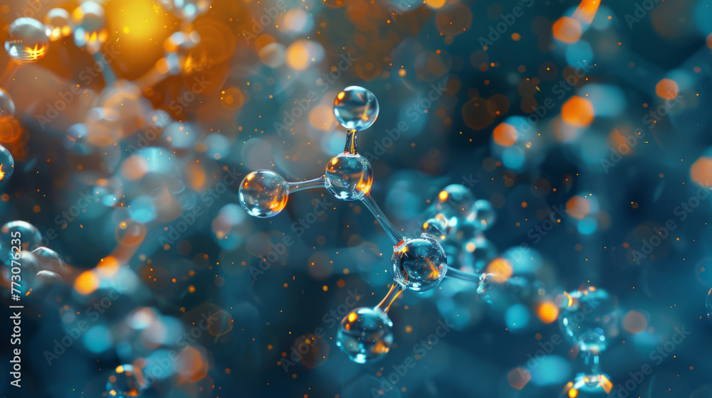 Poster a close-up 3d rendering of a molecule structure surrounded by spherical particles and bokeh lights a