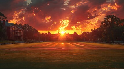 Experience the elegance of a cricket pitch at twilight, where shadows lengthen and the game takes on a magical quality under the fading light.