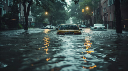 A submerged car in a flooded urban street during heavy rain, with water levels rising dangerously around vehicles and homes - obrazy, fototapety, plakaty