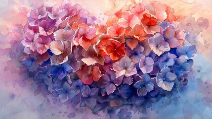Enchanting watercolor depiction of heartfelt hydrangeas, radiating warmth and love, a standout piece in any Valentines collection - obrazy, fototapety, plakaty