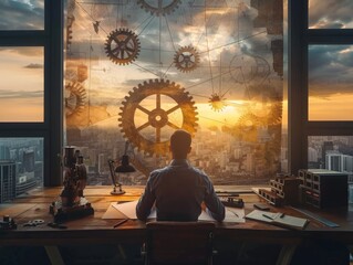 Engineer drafting a gear driven future, sunset, wide lens, visionary creation - obrazy, fototapety, plakaty