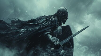 Knight shielding against storm of crisis, twilight, dynamic angle, medieval bravery