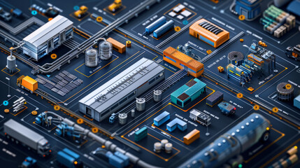 Operation management and control. An intricate isometric infographic of an industrial complex, featuring detailed buildings, storage tanks, conveyors, and vehicles