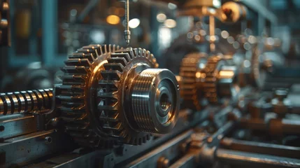 Fotobehang Machine shop with gears turning profits, dusk, dynamic angle, industrious success © Pornarun