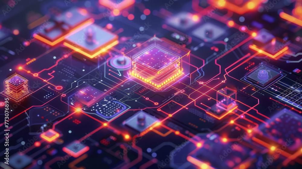 Poster information technology managemet, high-tech circuit board with glowing nodes, 3d futuristic cube str