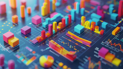 Performance management. A colorful 3D illustration of abstract financial charts and graphs showing data analysis and market trends on a digital surface.