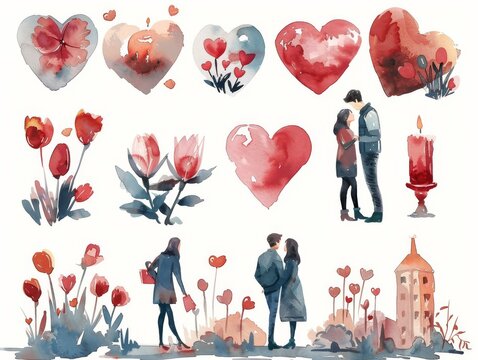 A collection of watercolor love vignettes, from candlelit dinners to walks in the garden, each scene enhanced with beautiful floral clipart, capturing the spirit of Valentines Day