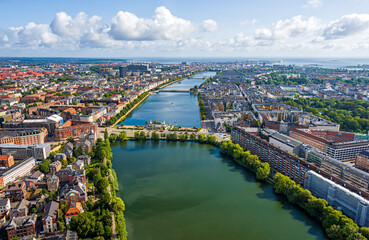 Copenhagen, Denmark. Copenhagen lakes. Panorama of the city in summer. Sunny weather with clouds. Aerial view