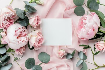 Elegant wedding or birthday stationery mockup with blank greeting card and floral composition of pink roses, peonies, and eucalyptus leaves, invitation design concept